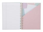 Open spiral notebook with lined pages and a pink pocket containing colorful papers.