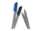 Four markers with grey barrels and colored caps/tips: blue, black, green, and red.