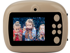 Beige digital camera with a screen displaying three girls blowing confetti.