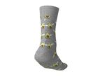 Grey sock featuring a pattern of flying cartoon avocados with angel wings and halos.