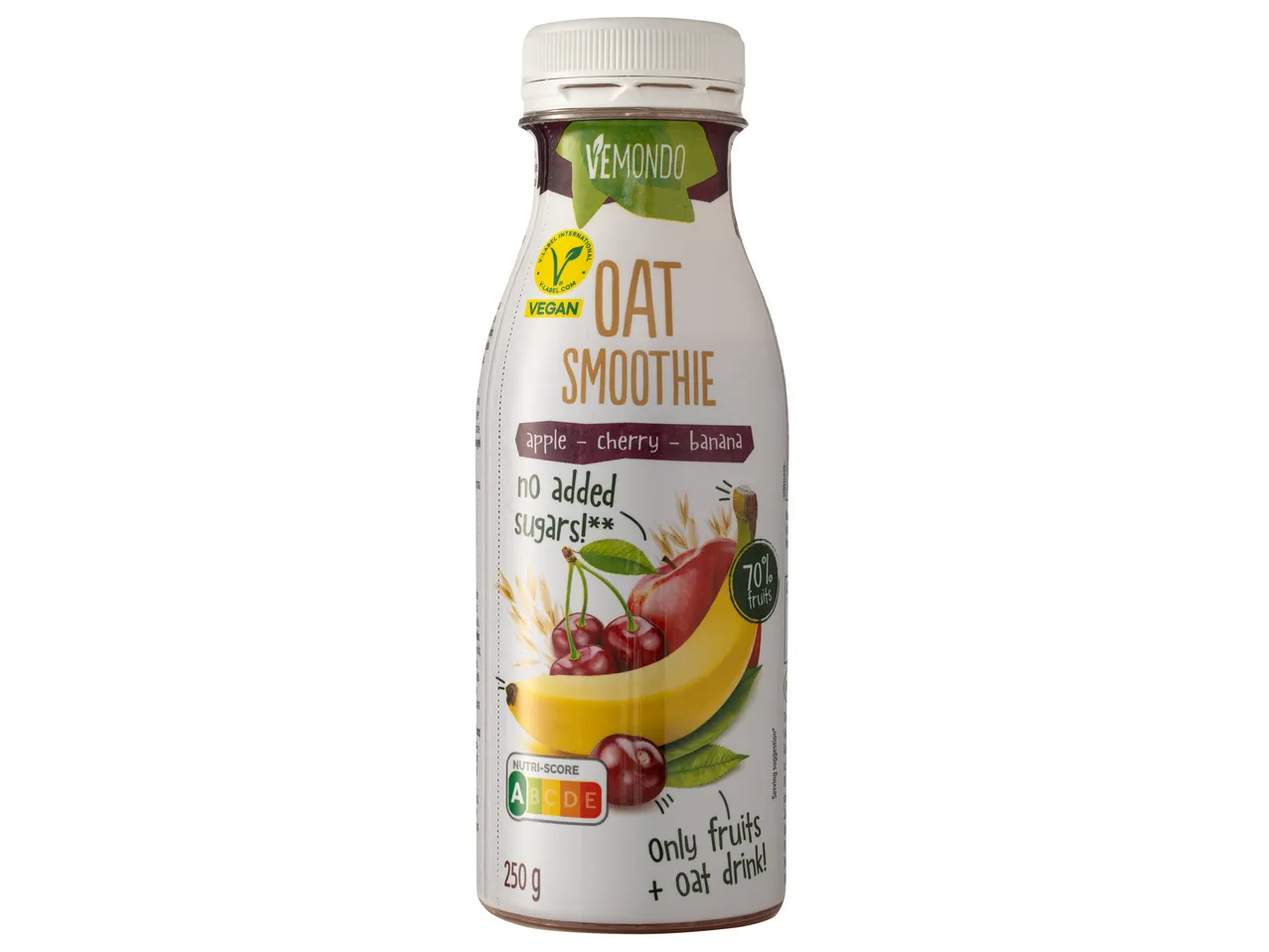 Vemondo Zab smoothie alma, cseresznye és banán ízzel, hozzáadott cukor nélkül, 70% gyümölcs.
