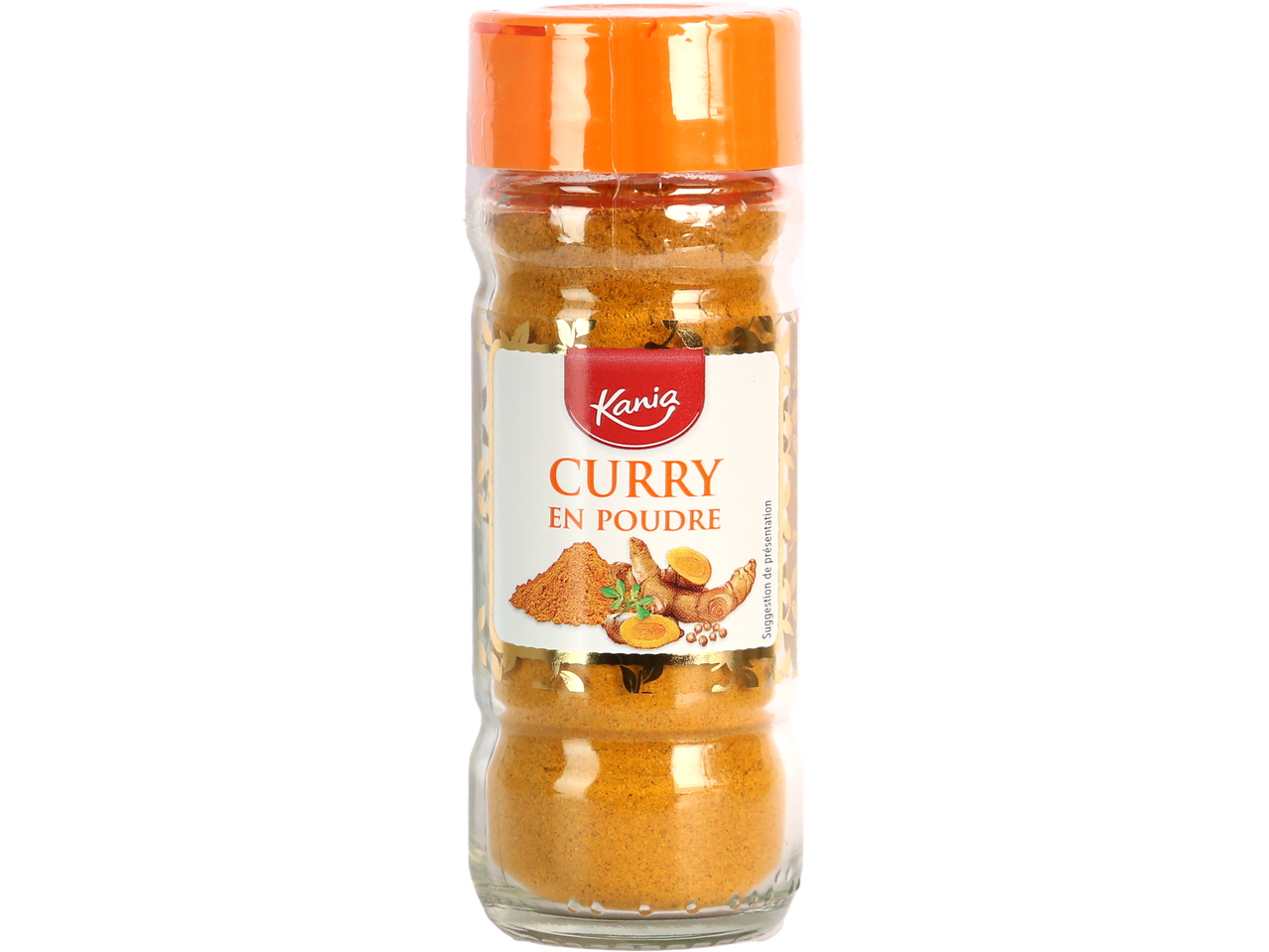 Bocal de poudre de curry Kania avec couvercle orange, étiquette blanche et dorée.