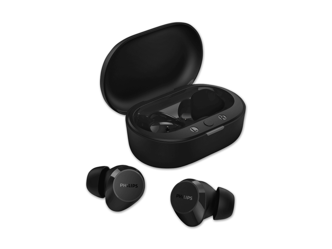 Philips In-Ear-Kopfhörer und Ladeetui auf schwarzem Hintergrund.