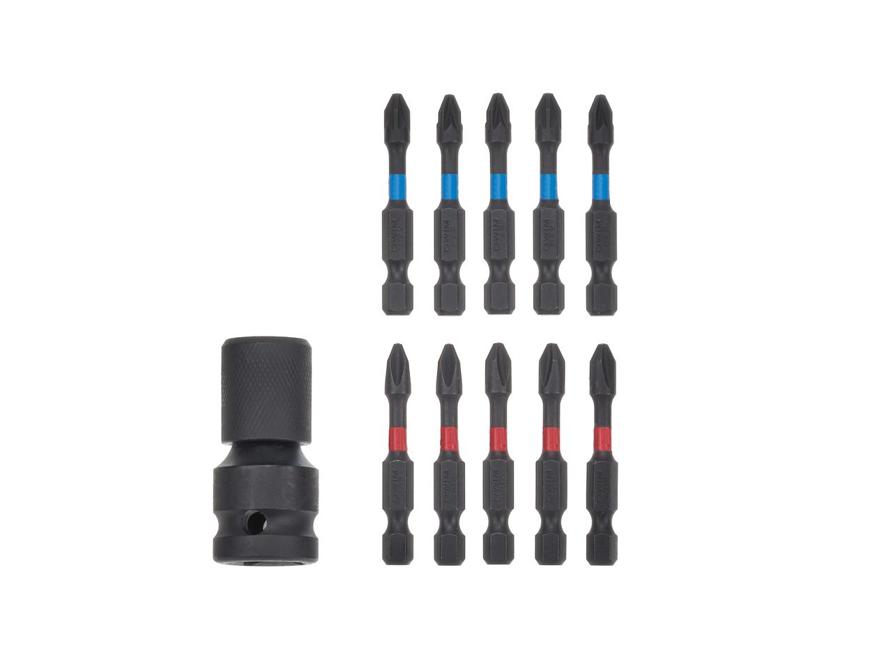 Black screwdriver bits with blue and red bands, and a black impact socket adapter.