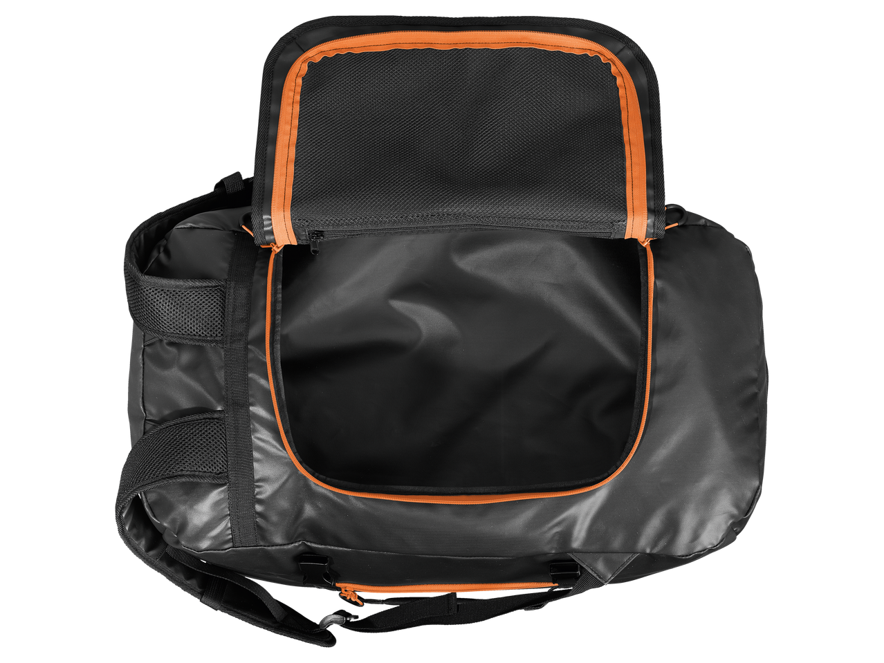 Open zwarte sporttas met oranje details.