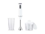 White immersion blender with a measuring cup and a chopper attachment.