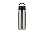 Stainless steel water bottle with a black lid and handle, featuring a small triangular logo.