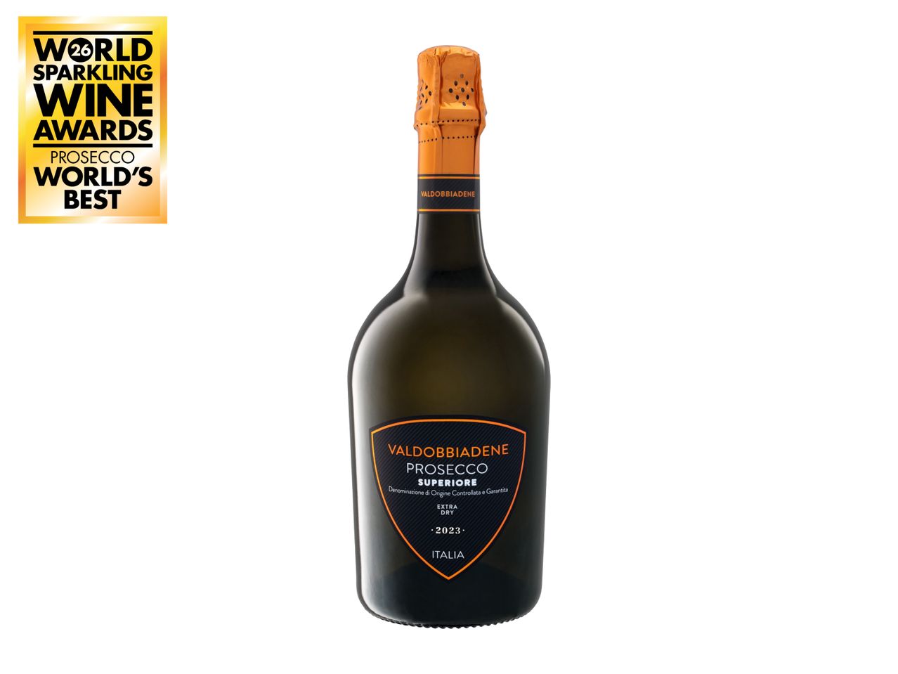A bottle of sparkling wine with an orange label, awarded 'World's Best Prosecco'.