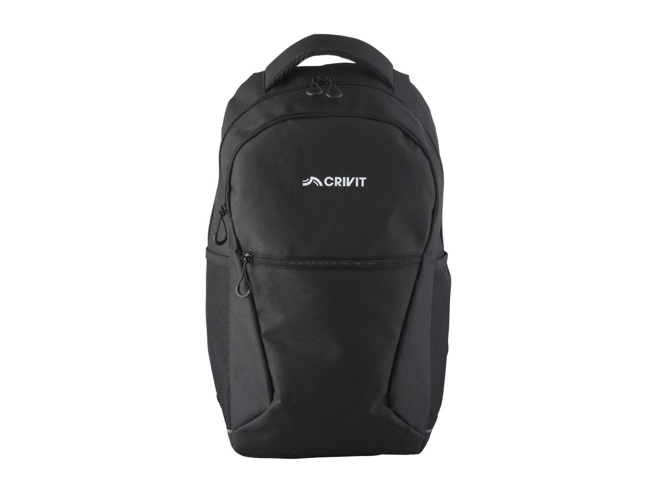 Black backpack with a top handle, front zipper pockets, and side mesh pockets.