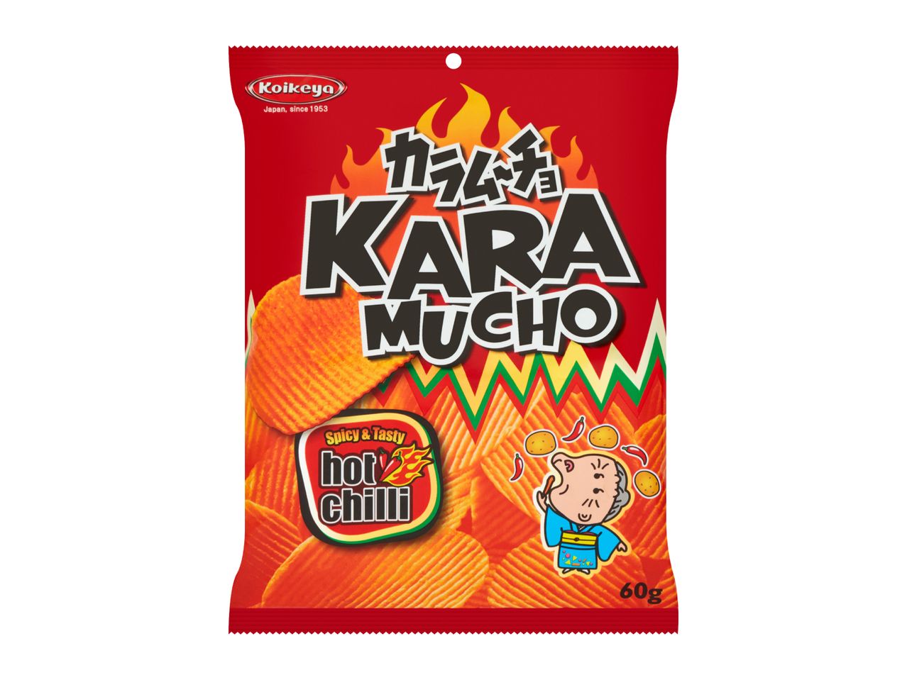 Red Koikeya Kara Mucho Hot Chilli potato chips bag with a cartoon character.
