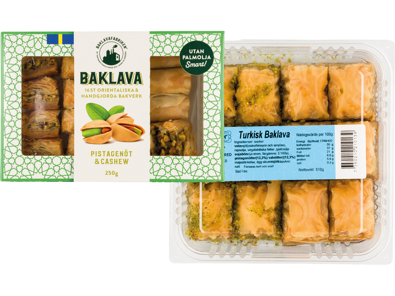 Baklavafabriken baklava med pistagenötter och cashewnötter, 250g och 510g.