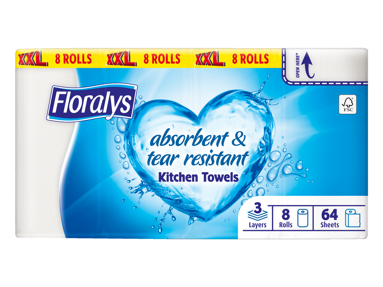 Floralyss XXL keukenrollen: 8 absorberende, scheurvaste rollen.