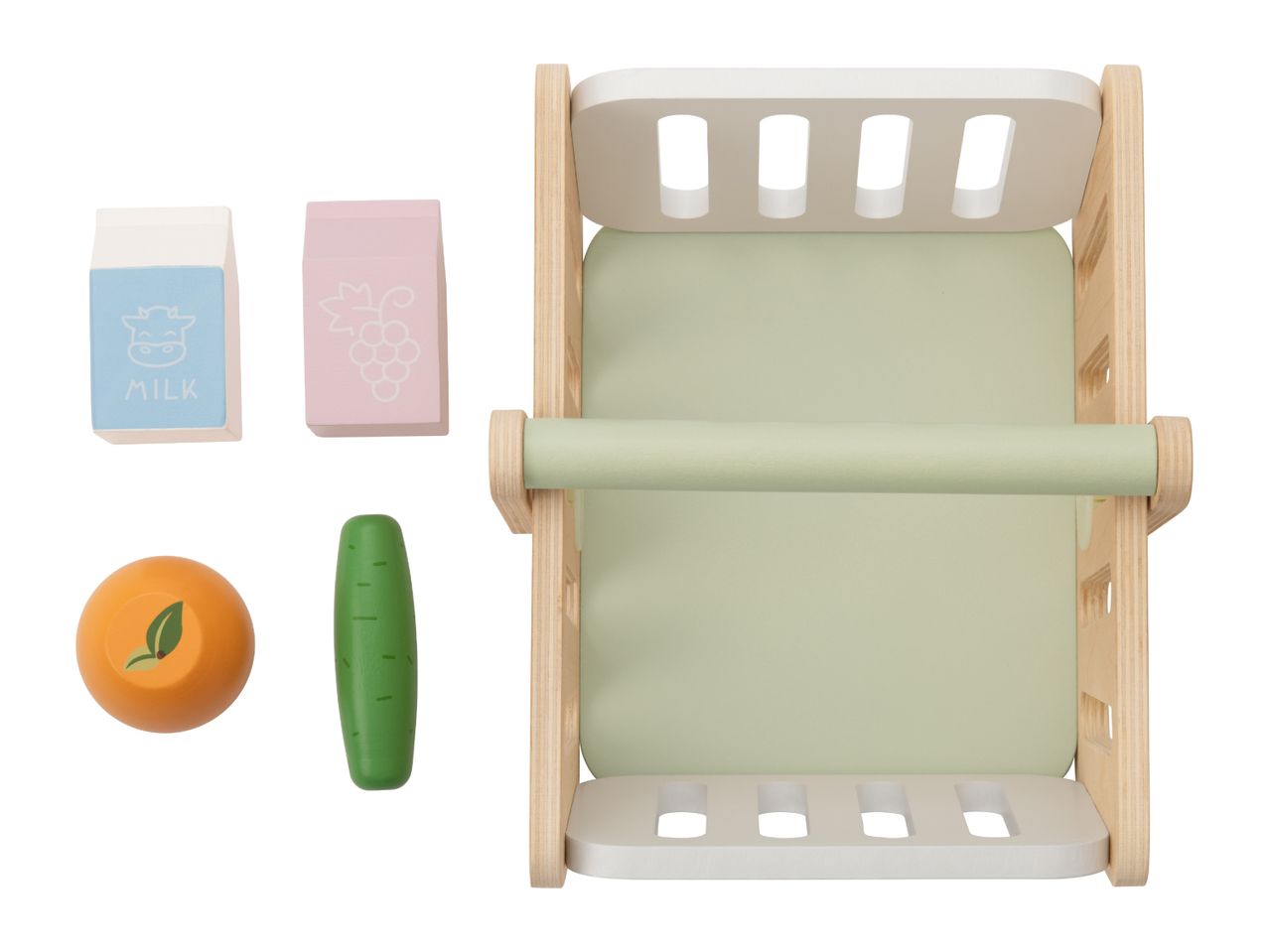 Wooden toy refrigerator with milk, juice, orange, and cucumber.