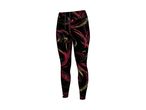 Black leggings with a vibrant red and yellow abstract swirl pattern.