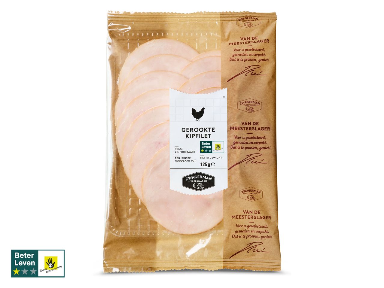 Zwagerman gerookte kipfile plakjes in plastic verpakking.