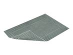 A grey bath mat with a textured border, folded slightly at one corner.