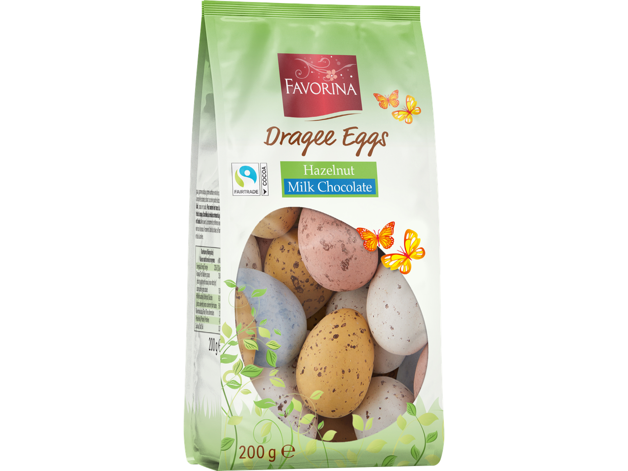 Påse med drageägg av hasselnötsmjölkchoklad, med fjärilar och löv som dekoration.