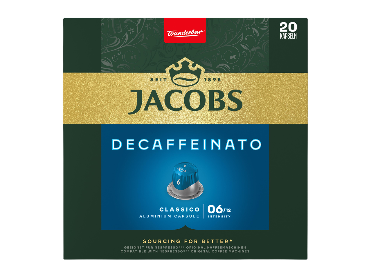 Koffeinmentes kávékapszulák, 20 darabos csomagban, 6-os intenzitással.