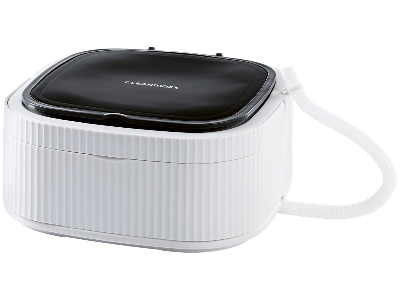 Mini máquina de lavar CLEANMAXX branca com tampa preta e mangueira de drenagem.