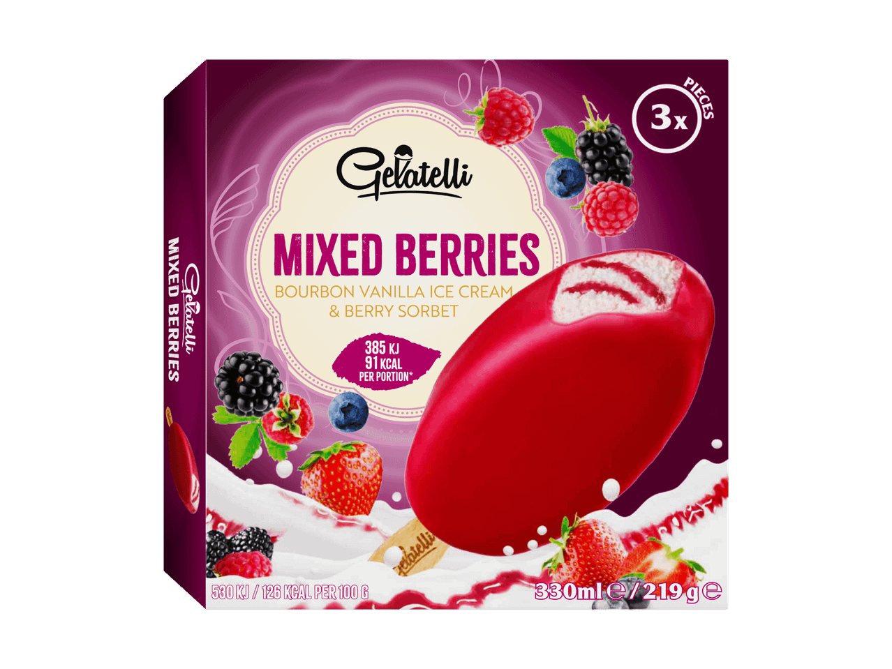 Verpackung für Eis am Stiel mit gemischten Beeren, Vanilleeis und Beerensorbet, 3 Stück.