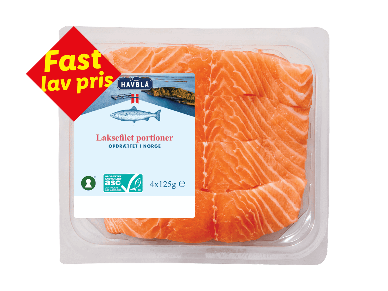 Pakke med laksefiletportioner med et 'Fast lav pris'-mærke.
