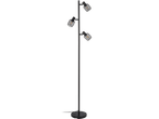 Crna podna lampa sa tri podesiva reflektora i metalnim mrežastim senilima.
