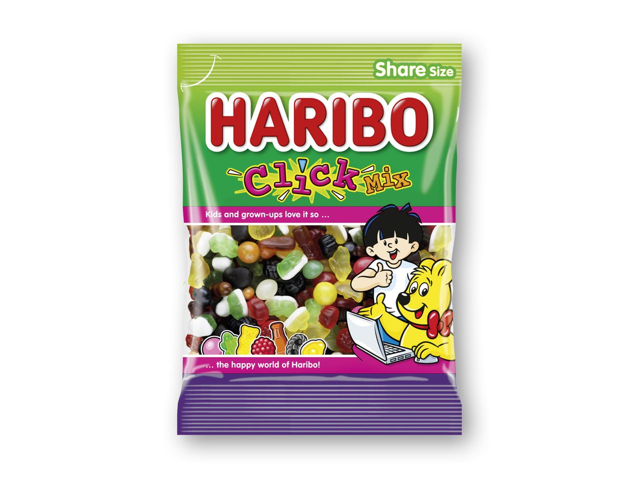 En pose Haribo Click Mix slik med forskellige frugtgummier.