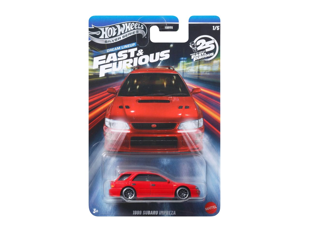 Red toy car in packaging, part of a 'Dream Lineup' series, celebrating 25 years of 'Fast & Furious'.