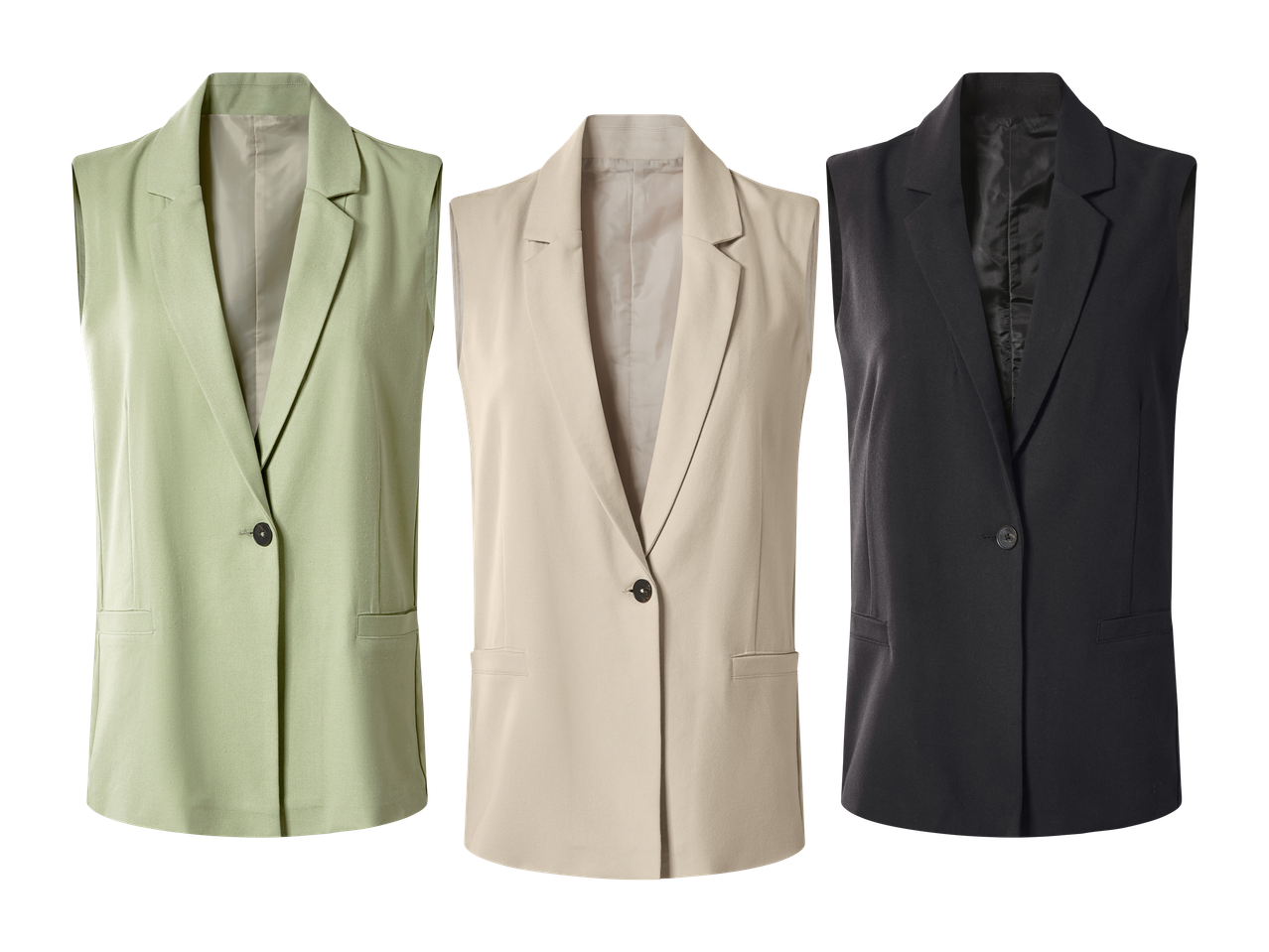 Tri ženska prsluka u zelenoj, bež i crnoj boji.