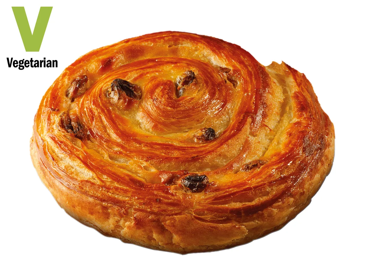 Vegetarian raisin swirl pastry with a prominent 'V' and 'Vegetarian' text.