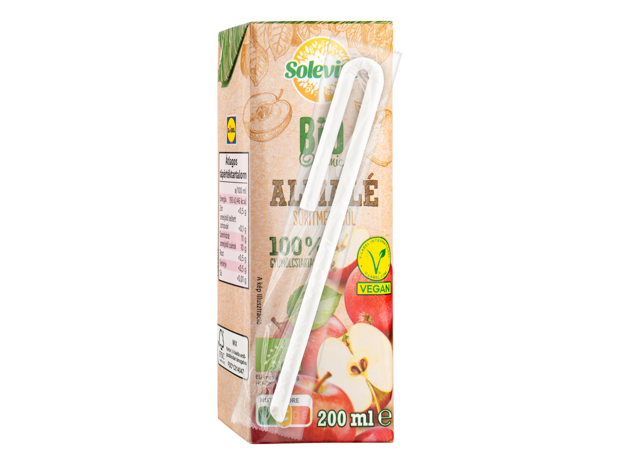 Solevita Bio almalé doboz szívószállal, tápérték információkkal és vegán címkével.