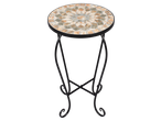 Livarno Mosaic Garden Table with a round, tiled tabletop and black metal legs.