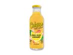 En flaske ferskenlemonade med teksten 'Sunset Peach Lemonade' og 'Real Lemon Bits'.