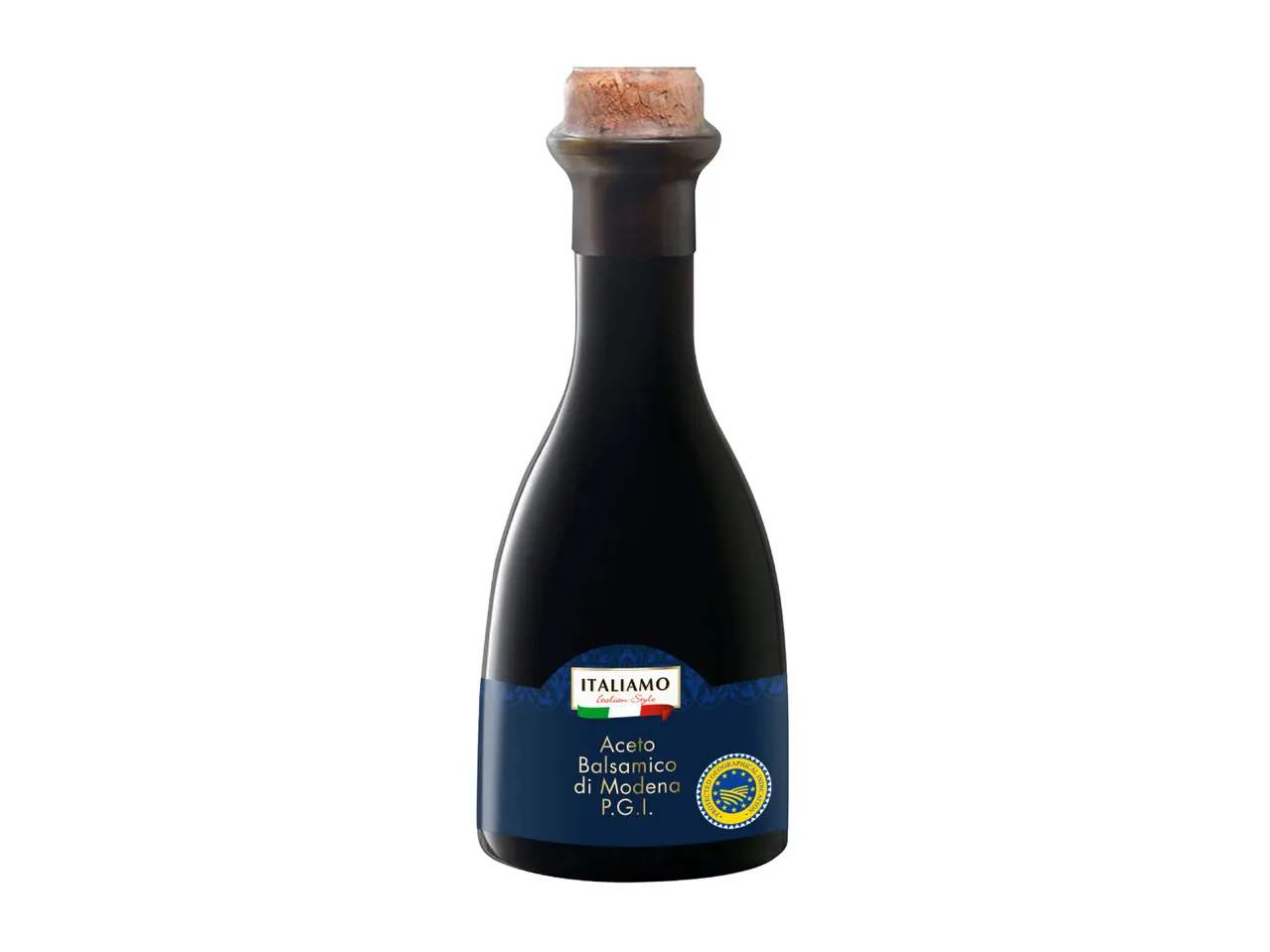 Bottle of balsamic vinegar with a blue label and cork stopper.