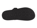Bottom view of a black sandal with a textured sole pattern and a small circular logo.