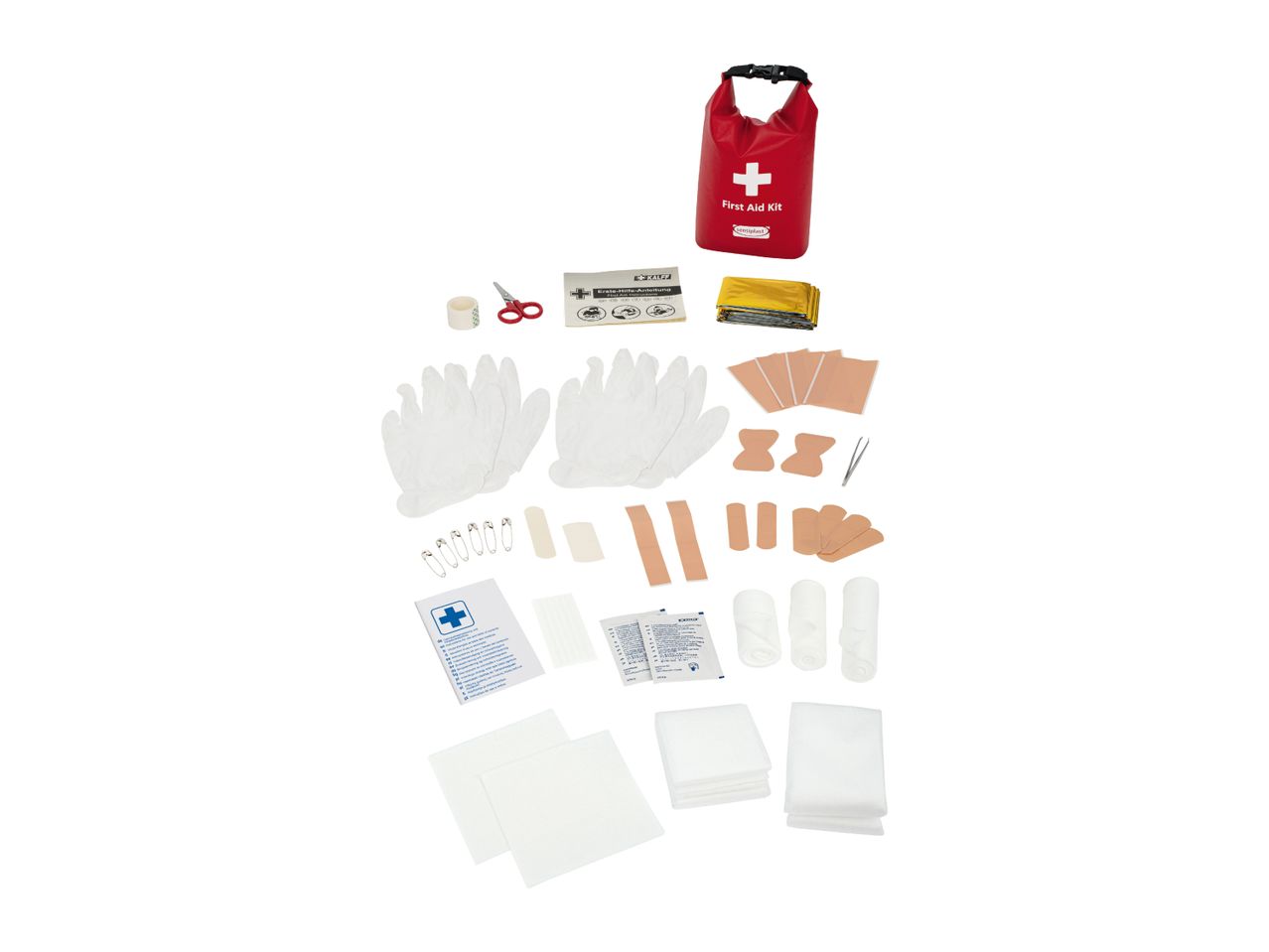 A red first aid kit bag with various medical supplies laid out, including bandages, gloves, and scissors.