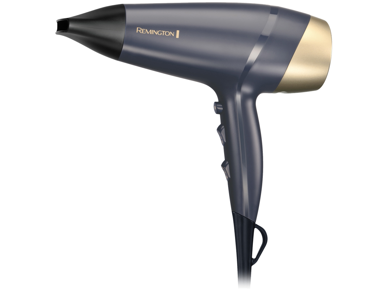 Remington Hair Dryer in dark grey with gold accents and black nozzle.