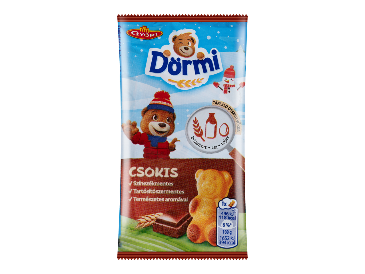 Győri Dömri mackós keksz, csokoládés ízű, téli dizájn.