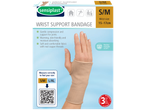 Sensiplast® wrist support bandage in size S/M, with benefit information and washing instructions.