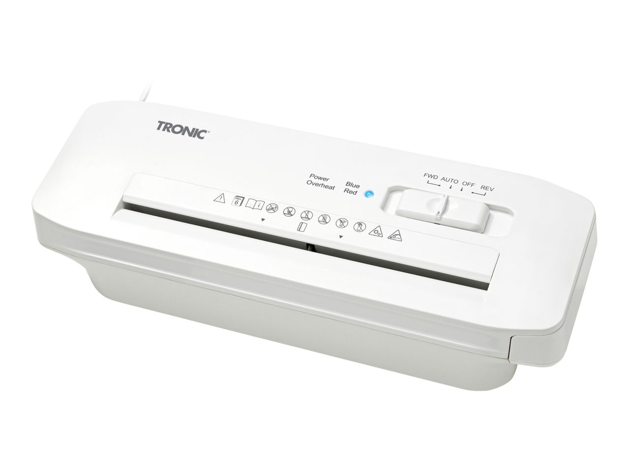 TRONIC paper shredder with power, overheat, and mode indicators