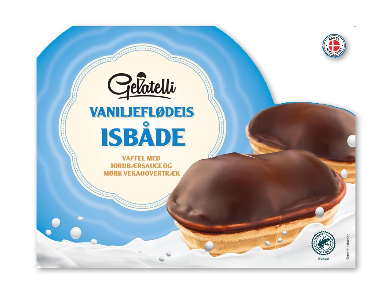 Vaniljeflødeisbåde med jordbærsauce og mørk kakaovertræk, dansk produceret.