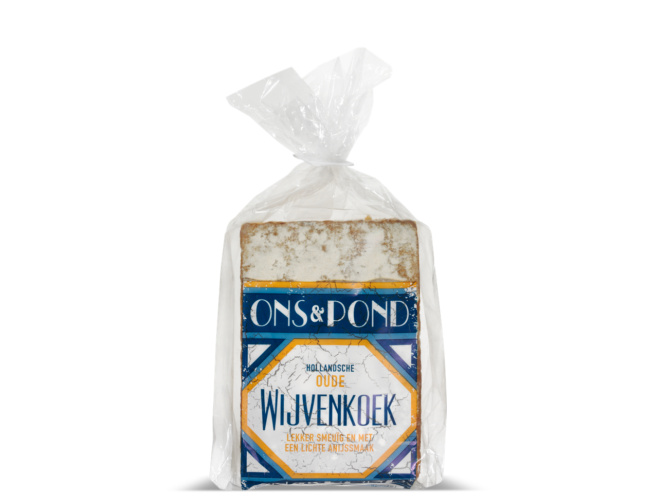 Een Ons&Pond Wijvenkoek, een traditionele Hollandse koek, in een plastic zak.