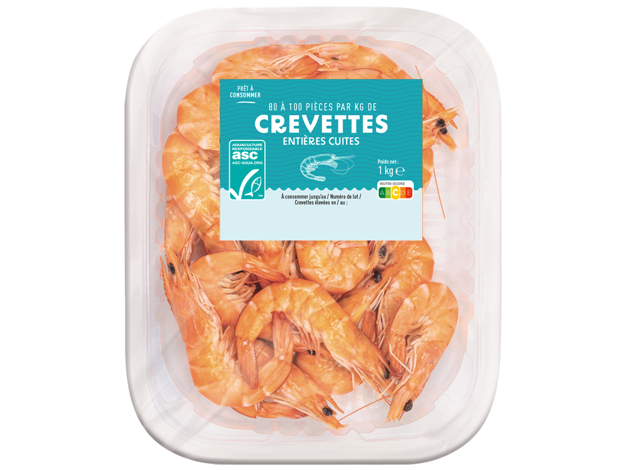 Crevettes entières cuites, 80 à 100 pièces par kg, 1 kg, avec Nutri-Score A et label ASC.