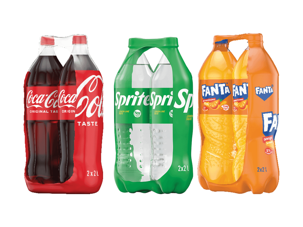 Divu gāzētu dzērienu iepakojumi: kola, citronu-laima un apelsīnu garša.