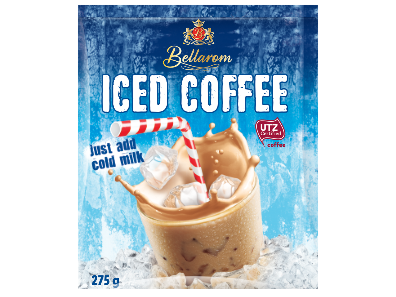 Пакет за студен кафе напитка с надпис 'ICED COFFEE' и чаша с лед и сламка.