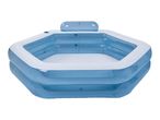 Blue and white inflatable hexagonal swimming pool with a headrest.