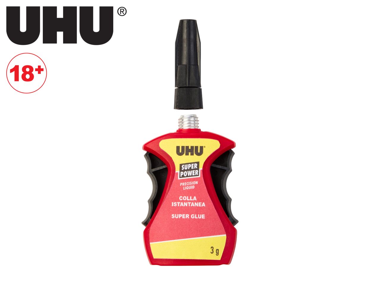 UHU Super Power Precision Liquid Super Glue, 3g, with an 18+ age restriction.