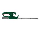 Cordless hedge trimmer with a green body and a grey battery pack.