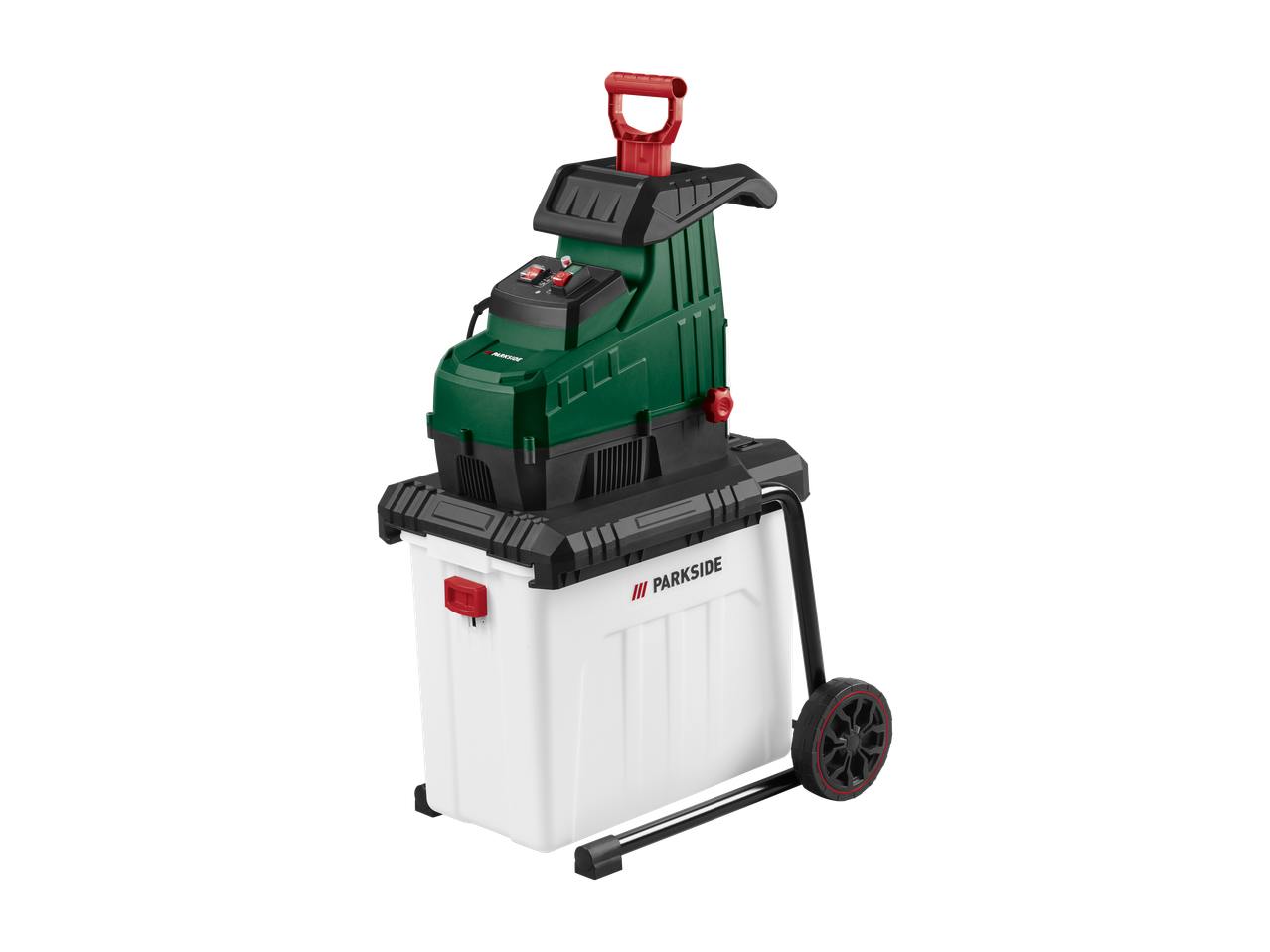 Zeleni vrtni drobilnik z rdečim ročajem in belo posodo na kolesih.