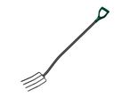 A garden fork with a green D-handle and a black shaft and tines.